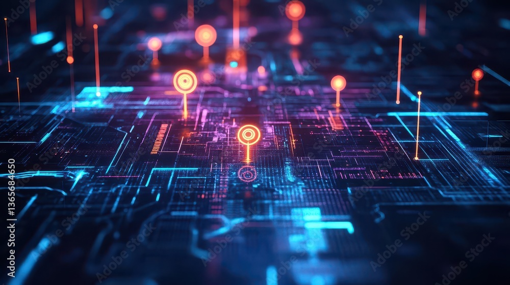 Poster intricate circuit board design with glowing lights creating a futuristic and technological atmospher
