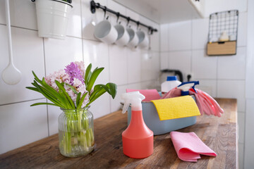 trough with cleaning items, household set in kitchen, spring home cleaning, wipes, detergents,...