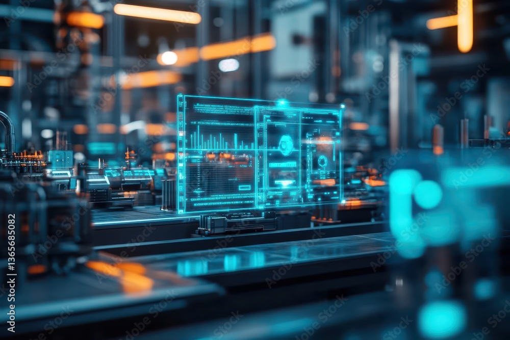 Poster intricate 3d representation of an industrial machine operating in a modern factory setting with adva