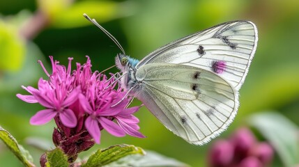 Naklejka premium Butterfly feeding on pink flower, garden, summer
