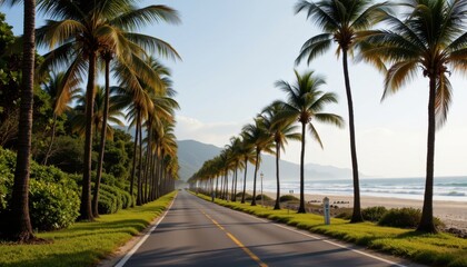 The road near the beach lined with tall palm trees sways gently in the breeze