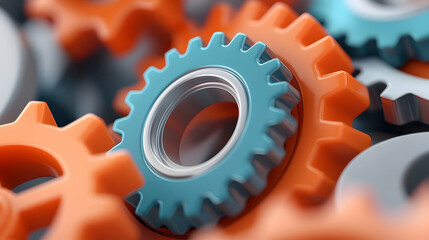 Close-up of Interlocking Orange and Blue Metal Gears