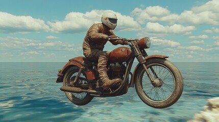 Vintage Motorcycle Flight Over Ocean