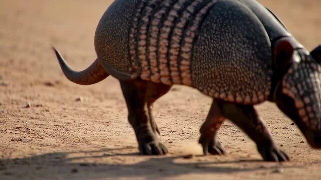 A curious armadillo explores its environment, searching for food in the sandy landscape. The warm afternoon light highlights its distinctive shell and movements, showcasing nature's marvel