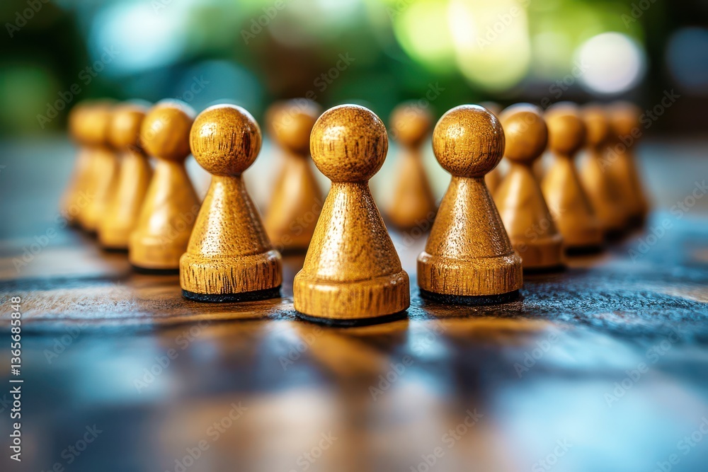 Poster close-up image of wooden game pieces arranged in a circle with soft natural background and beautiful