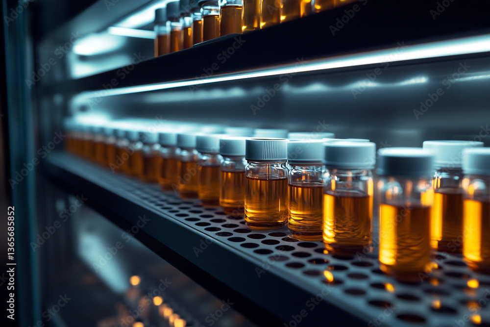 Poster rows of vials filled with amber liquid inside a laboratory refrigerator on a perforated shelf unit