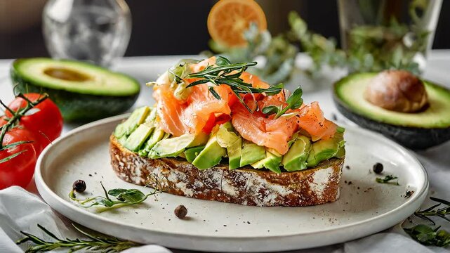Smoked salmon slices resting atop creamy mashed avocado, spread on toasted multigrain bread.