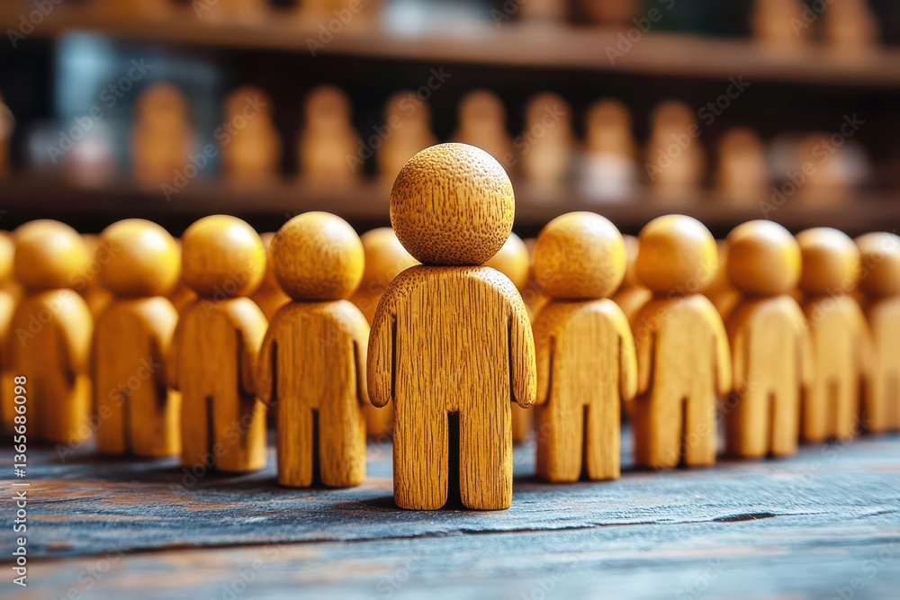 Poster group of wooden figurines representing unity and diversity in a creative conceptual background of so