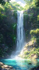 Fototapeta premium Tropical waterfall plunges into turquoise pool high resolution photo