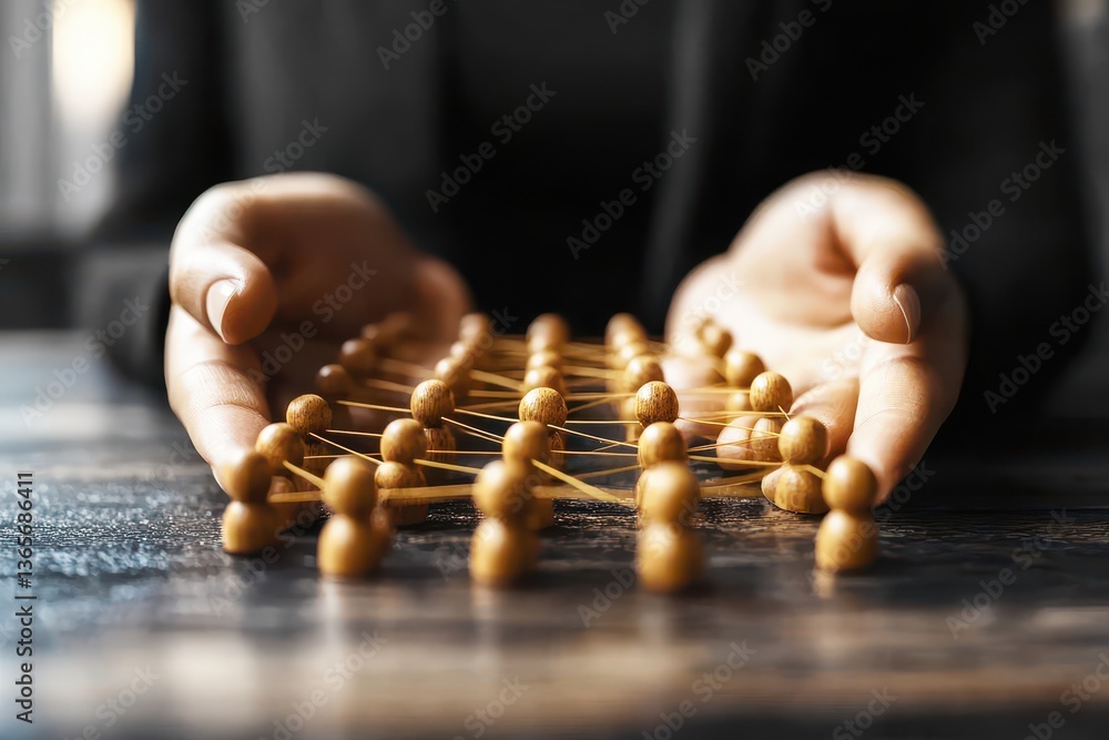 Aufkleber hands holding wooden balls connected by strings symbolizing network connections and collaboration in