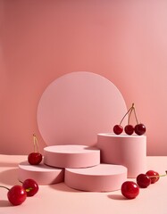  Minimal concept with red cherries on branches. Pale pink empty podiums displayed on pale pink background. Generated image