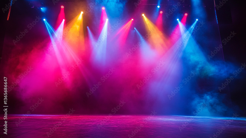 Poster a vibrant stage illuminated with colorful spotlights and a hazy atmosphere creating a dynamic scene