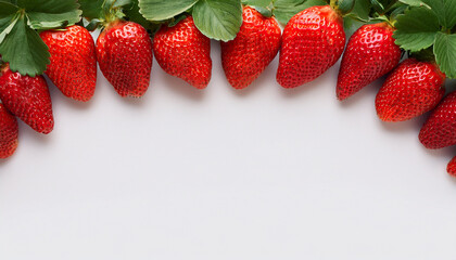 Strawberry season mockup, summer theme border, with free space for text. White plane background, red ripe berries on the upper side.