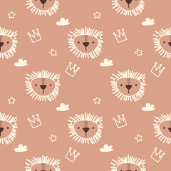 Face lion cartoon so cute. On star cloud crown background. Pattern seamless vector illustration. 