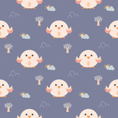 Fototapeta premium Bird cartoon so cute. On tree sun cloud background. Pattern seamless vector illustration. 
