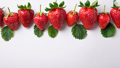 Strawberry season mockup, summer theme border, with free space for text. White plane background, red ripe berries on the upper side.