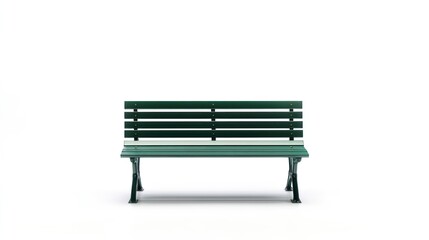 A solitary green park bench sitting against a stark white background