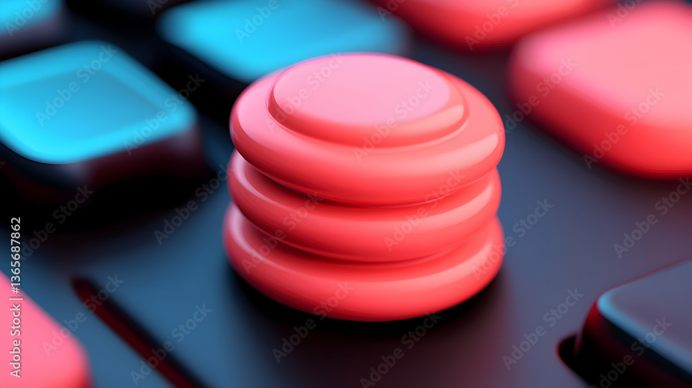Poster close-up of stacked coral round buttons on dark technology interface