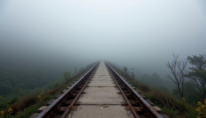 Obraz premium A long, narrow structure made of metal and concrete, disappearing into the thick shroud of fog that envelopes the surrounding landscape