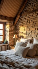 Cozy rustic bedroom with brick walls and soft morning light through window