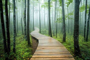 Obraz premium Serene Misty Forest Pathway Surrounded by Lush Greenery and Tall Trees in Foggy Atmosphere