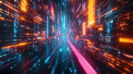 Digital data stream, fast motion, neon glow, abstract background, tech concept