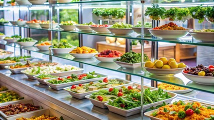 Salad buffet with a wide selection of fresh dishes displayed in a large glass case, food arrangement, buffet