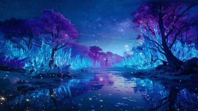 Enchanting mystical forest with glowing crystal trees and reflective magical waters. Seamless looping 4K video background

