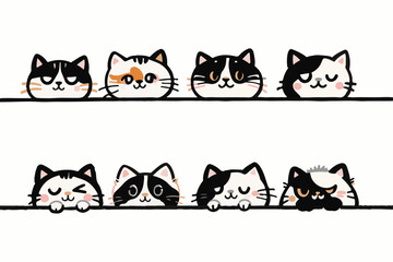 Adorable Cartoon Cats with Paws Holding Line, Cute Kittens Illustration, White Background