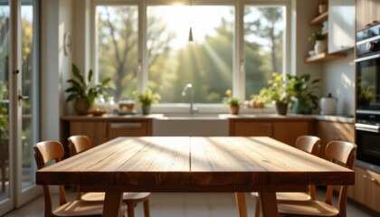 Fototapeta premium The empty wood table in the modern interior kitchen is bathed in sunlight streaming through the blurred window, creating a warm and inviting atmosphere in the room.
