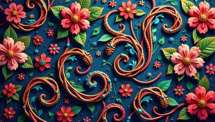 Intricate paisley textile, swirling vines & floral motifs, branch, decorative