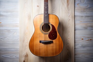 Fototapeta premium Classic Wooden Acoustic Guitar Portrait - Off-White Background Stock Photo