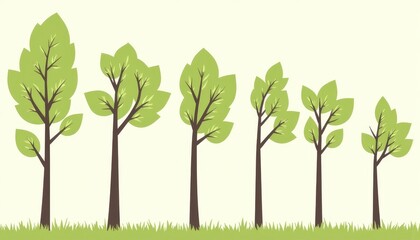 Colorful tree graphic series showcasing growth stages, nature illustration