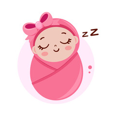 Cute newborn baby girl napping with wrapped in clothes illustration 