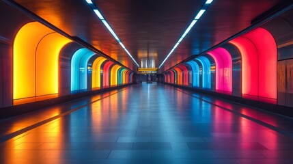 A modern subway tunnel features bright, colorful lighting in shades of blue, orange, and pink, enhancing the urban transit atmosphere for commuters.