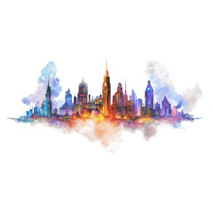 Obraz premium A colorful watercolor skyline showcasing various modern skyscrapers under a vibrant sky, ideal for urban-themed designs and artistic projects.