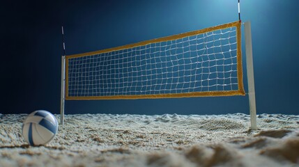 Minimalist volleyball net set on geometrically arranged beach sand under a dramatic dark blue sky with a single volleyball at its base for summer sports fun