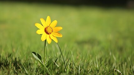 Single Yellow Flower in Green Grass Meadow