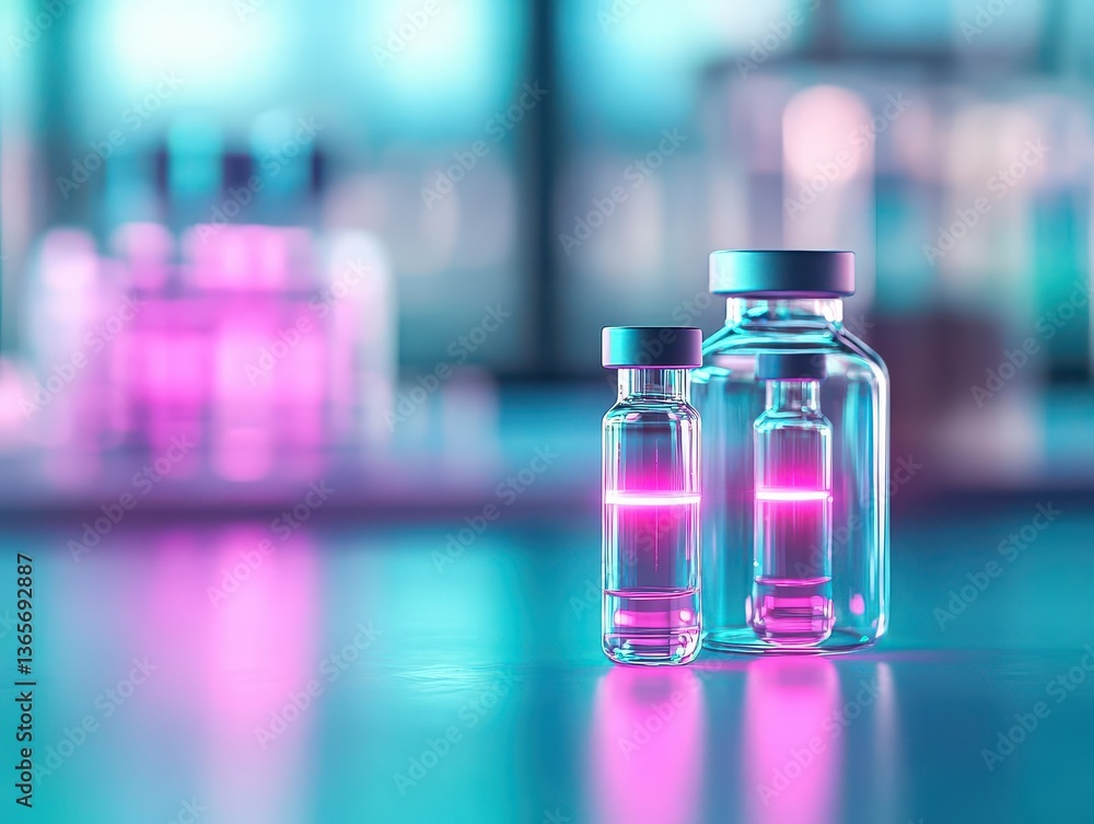 Poster two elegant vials illuminated by soft pink light creating a mysterious and enigmatic atmosphere in a