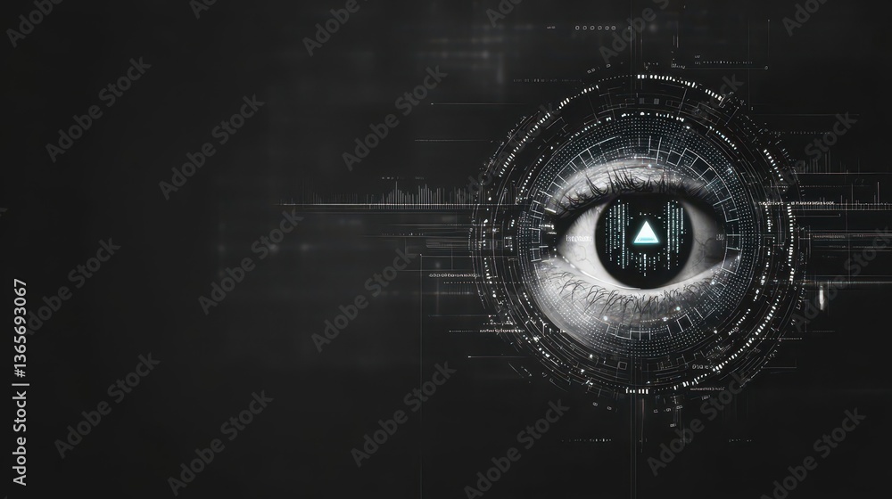Poster futuristic vision of an eye surrounded by complex circuitry signifying advanced technology and innov