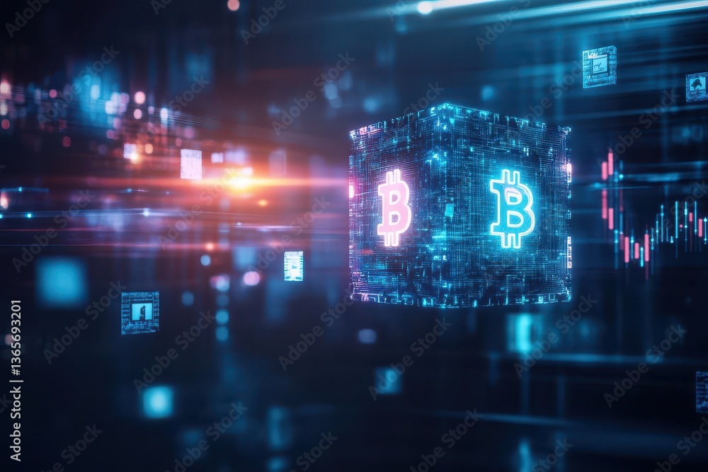 Poster a solid block representing bitcoin cryptocurrency symbolizing digital wealth and innovation in a con