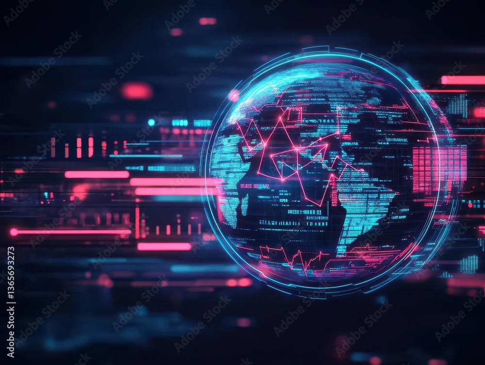 Poster a vibrant globe displaying a detailed network map with interconnected lines and nodes representing g