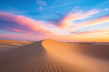 Serene Desert Landscape at Sunset with Colorful Sky and Gentle Sand Dunes
