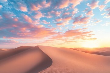 Serene Desert Landscape at Sunrise with Pink and Blue Skies Over Rolling Sand Dunes