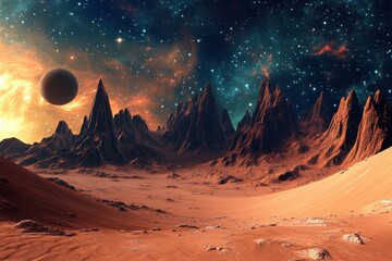 Surreal Desert Landscape with Mountains and Stars in an Otherworldly Alien Planet Setting