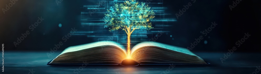 Poster an open book with a lush green tree growing from its pages symbolizing knowledge nature and growth i