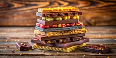 Naklejka premium A stack of colorful chocolate bars with different textures and patterns on a wooden table