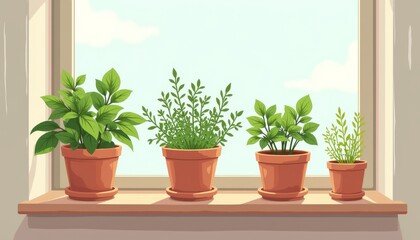 Fototapeta premium Lush herb garden in ceramic pots on sunny windowsill, freshness concept
