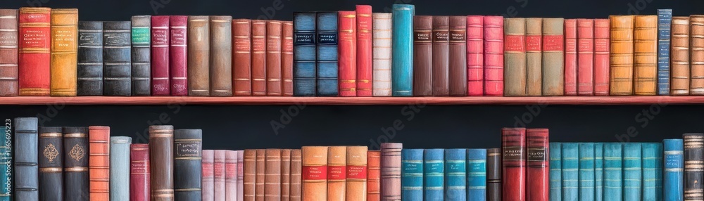 Poster a cozy wooden shelf filled with colorful books creating a warm and inviting reading nook surrounded 