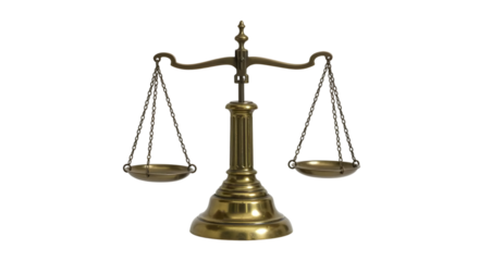 Brass balance scales symbolizing justice and fairness, representing law and order in a courtroom or legal setting, isolated on a white background